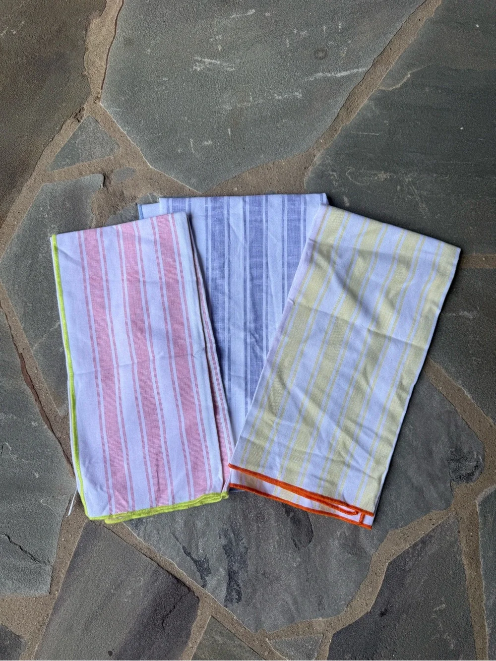 New🌟Anthropologie-Striped Cotton Tea Towels with Neon Trim (Yellow, Blue, Pink)